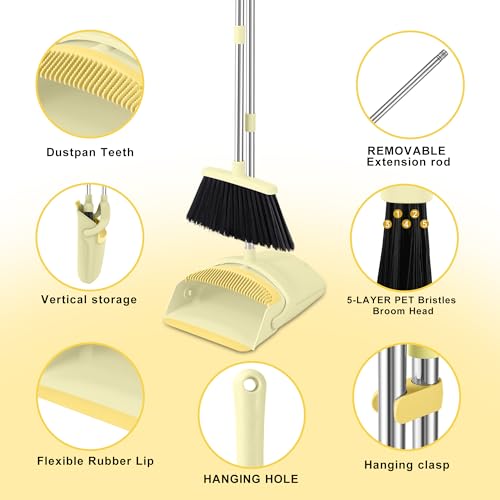 Image of BSKLIN Broom and Dustpan Set for Home, 52 inch Long Handle Broom Set with Dustpan Teeth to Clean Hair Sweeping Indoor and Outdoor (Yellow)