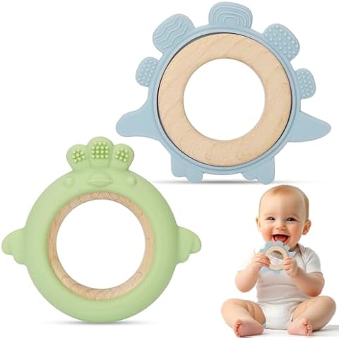 AULEGE Baby Teething Toy, BPA Free Silicone & Natural Beech Baby Teething Ring for Babies 3-6,12 Months, Wooden Ring Teether for Baby 3+ Months to Soothe Sore Gums(Olive, Blue) Cover