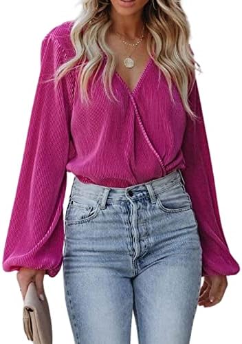 CUPSHE Women Peasant Sleeve Tops Casual Loose Fit V Neck Solid Ruched Blouses,M Fuchsia