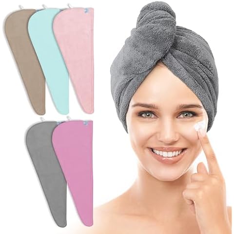 TENSTARS 5 Pack Thicken Microfiber Hair Towel Wrap for Women - Elastic Loop Design - 320GSM Coral Velvet - Quick Dry Hair Turban - 11x28 Inch (Grey+Pink+Brown+FrozenBlue+FrozenBerry) Cover