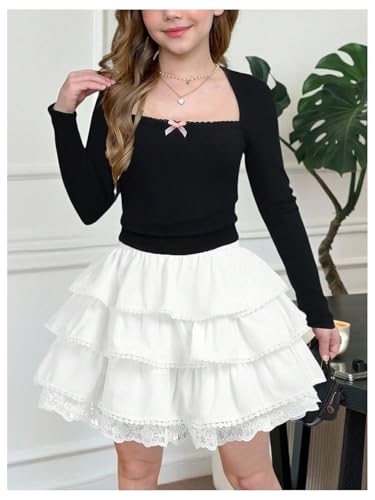 Floerns Girl's Bow Long Sleeve T Shirts Lace Trim Square Neck Fitted Cute Tee Tops3