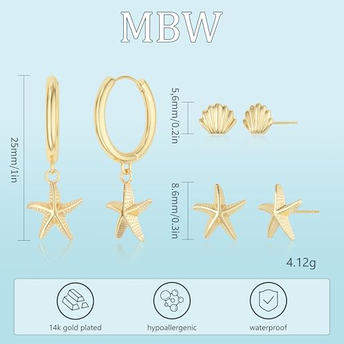 MBW Gold Starfish Earrings for Women, Small Dainty 14k Gold Plated Seashell Conch Pearl Hoop Dangle Earrings Stud Sets Beach Ocean Halloween Jewelry Gifts for Women Trendy4