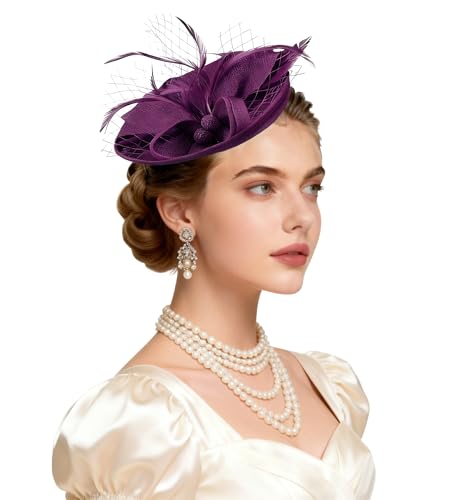 Ammiko Fascinators Hats for Women Tea Party Hat Feather Pillbox Derby Hats with Headband 2026 Vintage Headwear Church Purple One Size