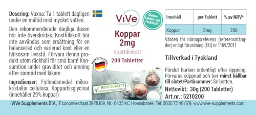 Cuivre 2mg - 200 comprimés - Bisglycinate de cuivre - Dosage élevé - Biodisponible - Qualité allemande - ViVe Supplements – vue 8