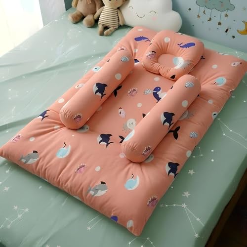 Image of StarAndDaisy Baby Bed, Godari, Toddlers Bed, Baby Bedding, Baby Mattress Cushioned Mattress Sheet with 2 Side Bolster Pillow & 1-Head Pillow, Ideal Boys & Girl Shark Print