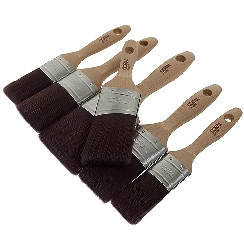 Image of Coral Aspire 6 Piece Paint Brush Set - Professional Firm Straight Cut Oval for Walls - Ultra-Smooth Finish - Trade Emulsion Gloss - Includes 2X 1.5, 2X 2, 3 inch & 2 inch Angled Stubby