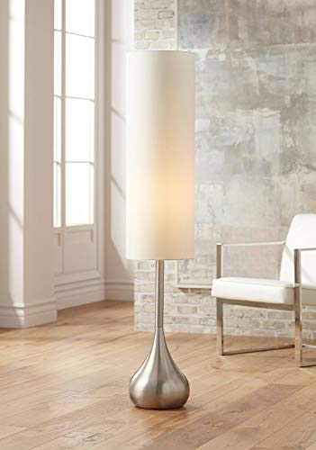 Possini Euro Design Modern Mid Century Modern Droplet-Shaped Floor Lamp 62' Tall Brushed Nickel Silver Metal Cotton Blend Cylinder Drum Shade Decor for Living Room Reading House Bedroom Home