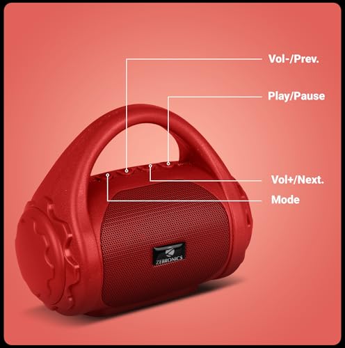 Image of Zebronics ZEB-COUNTY 3W Wireless Bluetooth Portable Speaker With Supporting Carry Handle, USB, SD Card, AUX, FM & Call Function (Red)