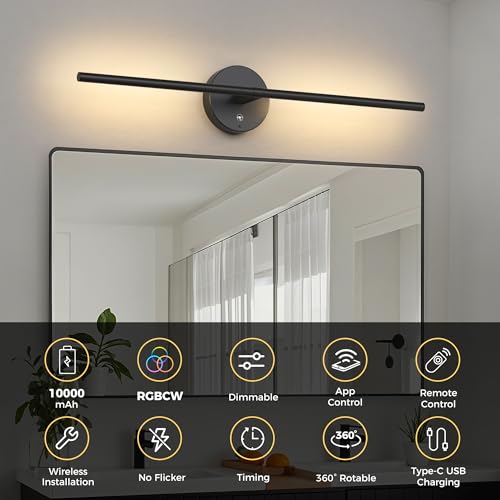 Image of L LOHAS LED Battery Operated Wall Sconces Set of 2, Battery Wall Sconce 10000mAh, Black Rechargeable Sconces 3CCT + RGB, 23.5 Inch Wireless Wall Lights, Sconce Wall Decor for Bedroom, Living Room