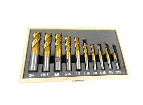 Image of 10 PC Titanium Nitride Coated End Mill Set - 4 Flute Tin End Mill for Milling Machines