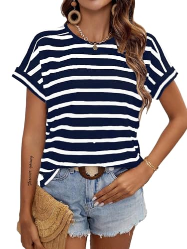 LilyCoco Womens Striped Shirt Short Batwing Sleeve Tops Crew Neck Casual Loose Fit Tee Navy Stripe Small