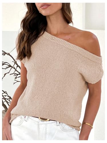 WDIRARA Women's One Shoulder Short Sleeve Sweater Asymmetrical Loose Knitted Top2