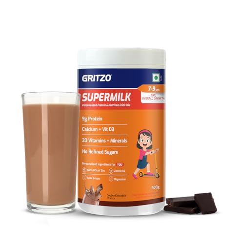 Image of Gritzo SuperMilk Overall Growth (7-9y Girl), Double Chocolate, 400g | 9g Protein with 20 Vitamins & Minerals | Zero Refined Sugar