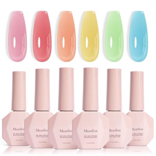 Image of MelodySusie Jelly Gel Nail Polish Set,6 Transparent Colors,Milky or Jelly Texture,Spring and Summer Macaron Colors Soak Off UV LED Light Cure or Salon Manicure and Nail Art DIY at Home