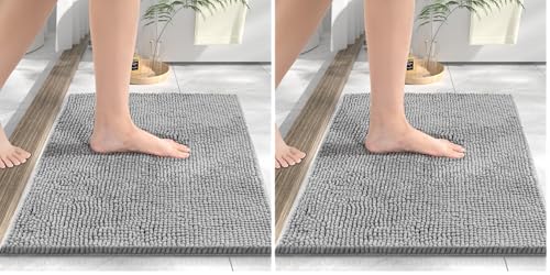 HITSLAM Tapis de Bain en Chenille, 60x40cm Tapis de Douche Super Absorbant, Tapis Salle de Bain Antidérapant, Décoratif Lavable en Machine, pour Douche et Baignoire, Gris (Lot de 2)
