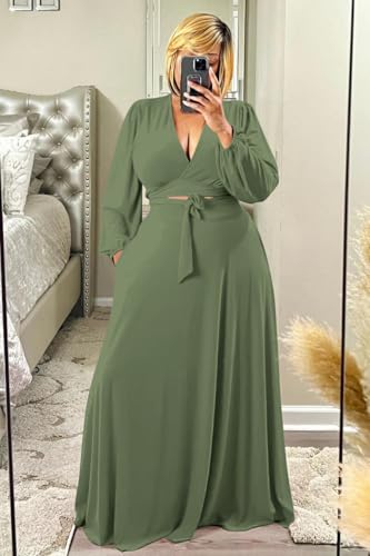 Image of Plus Size Women's 2 Piece Outfits Casual Long Sleeve Wrap Crop Top Maxi Long Dress Flowy Matching Sets
