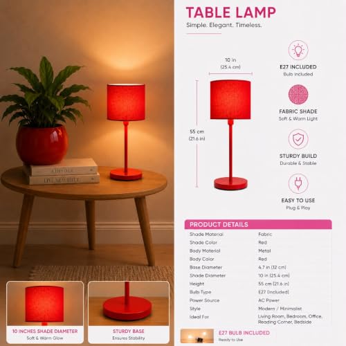 Image of THE GRANDEUR Table Lamp with Fabric Shade, 55 cm, Red, Metal Base