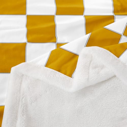 Image of Erosebridal White Yellow Checkered Fleece Bed Blanket Buffalo Plaid Grid Throw Blanket Queen 90 inchX90 inch for Kids Teen Adults Checkerboard Sherpa Blanket Aesthetics Geometric Gingham Flannel Blanket