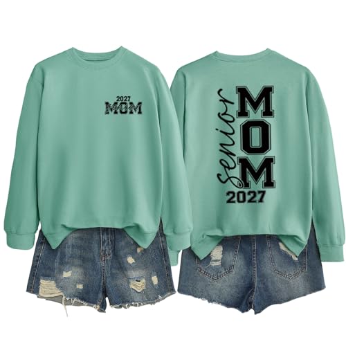 GAQEUWR 2027 Senior Mom Sweatshirt for Women, College Graduation 2027 Shirt, Casual Long Sleeve Crewneck Pullover Tops Light Green