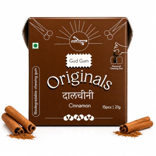 Image of Gud Gum- Natural, Plastic Free Chewing Gum- Clove, Cardamom, Fennel, Cinnamon- 21g x 4 - Mini Pack of 4- No added artificial colours, flavours & sweeteners (4 Packs, 60 chewing gums) (Pack of 4, Cinnamon)