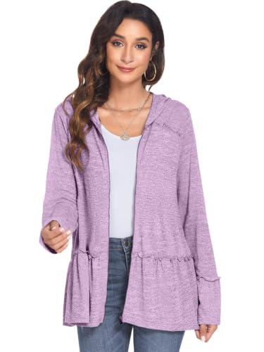 Image of DEESHA Plus Size Zip Up Hoodie for Curvy Women Spring Ruffle Hooded Sweatshirts Jacket Cardigans Lightweight