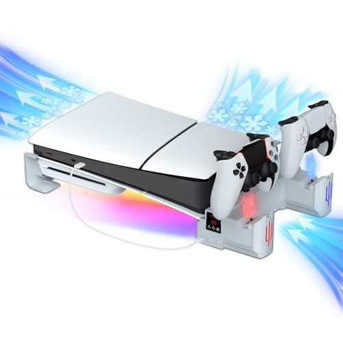 Hosanwell Slim Horizontal Stand Compatible with Slim Disc & Digital Version Dual Use Charging Station with Multi-Mode RGB Light with 3-Level Cooling Fan,White