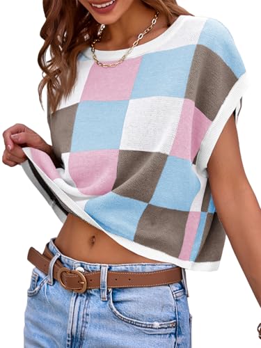 Image of Saodimallsu Womens Cap Sleeve Crop Tops Summer Color Block Going Out Crew Neck Knit Trendy Casual Sweater