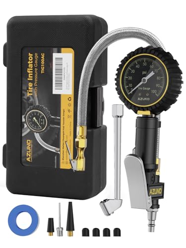 Image of Analog Tire Inflator Gauge with Steel Braided Hose, 100 PSI Mechanical Tire Pressure Gauge - 3-in-1 Inflate /Deflate /Measure, 2.6 inch Glow Dial, Air Chuck for Car, Truck, SUV, RV, Bike (with Case)