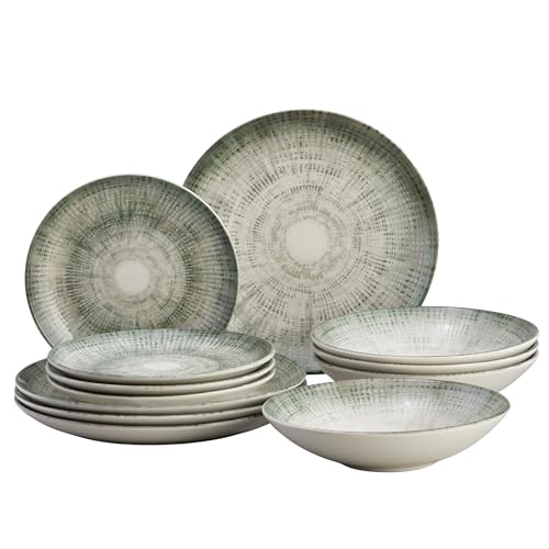 Corona 12-Piece Textured Modern Textured Finish Ceramic Dinnerware Sets, Plates and Bowls, Service For 4, Microwave and Dishwasher Safe, Elara