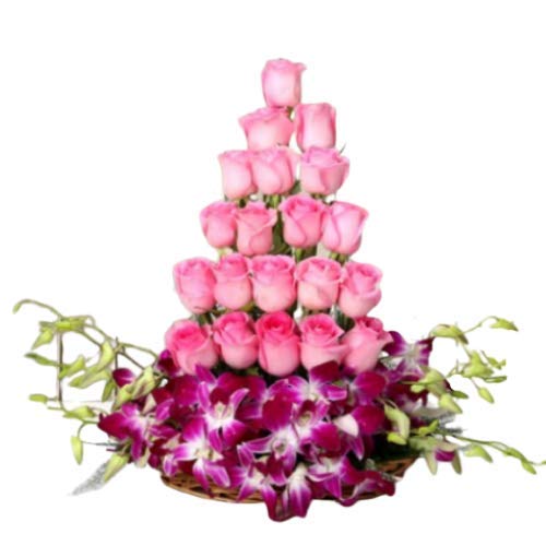 Floralbay Valentine's Day Special Fresh Flowers Basket Arrangement of 6 Purple Orchids and 20 Pink Roses (Bunch of 26)