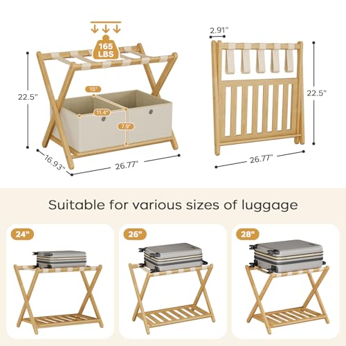 Fully Assembled Luggage Racks Pack of 2 with 4 Storage Boxes, Bamboo 26.77" Folding Luggage Stand for Guest Room, 5 Nylon Straps, Suitcase Stand with Storage Shelf for Bedroom Hotel, Natural