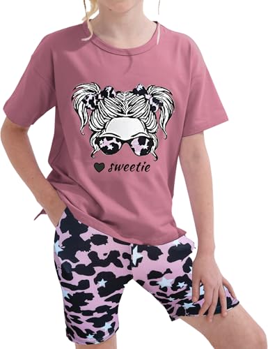 Image of mksodopy Girls Summer Clothse Graphic Print Front and Back High and Low Irregular T-shirt Cycling Shorts Set
