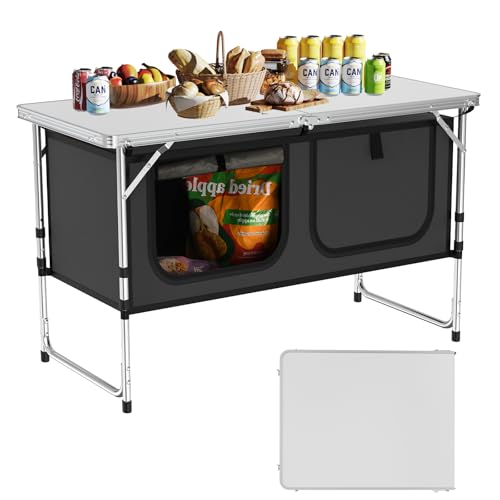 Camping Table, Folding Camping Table with Storage, Lightweight & Portable, 3 Heights Adjustable Folding Table for BBQ, Camping, Picnic and Indoor Use, Grey