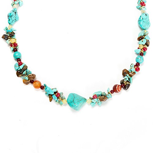 Blue Turquoise Tiger Eye and Multi Gemstone Clustered Quartz Beaded Silk Thread Necklace 20-22