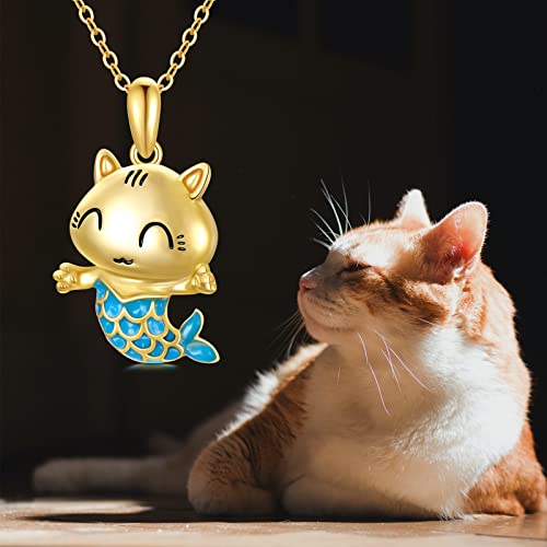 Motiel 14K Gold Pendant Necklace Blue Cat Mermaid Animal Necklace For Ladies Women Girls Mother’s Day Valentine’s Day Anniversary Birthday #TOP1