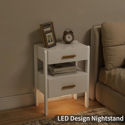 Image of Solid Wood Nightstand with 2 Drawers and Open Shelf Bedside Table End Table
