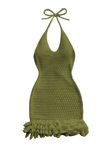 Image of GORGLITTER Women's Vacation Outfit Crochet Halter Knit Bubble Mini Dress Sexy Beach Cruise Summer Miami Resort Outfits