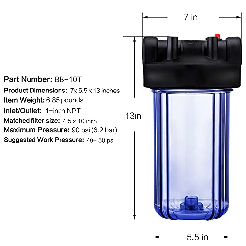 Geekpure Whole House Water Filtration System With 10-Inch Big Clear Housing With 4.5"X 10" 5 Micron Pp Sediment Filters-1"Npt Inlet/Outlet #TOP2