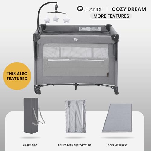 Image of QUTANIX 2-in-1 Baby Playard, Pack and Play Bassinet, Easy Folding Portable Crib with Music Mobile for Newborn to Toddlers (Grey)