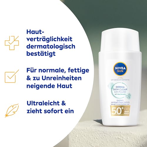 NIVEA SUN Sonnenschutz Fluid LSF 50+, nicht fettende Sonnencreme mit Anti-Unreinheiten Komplex & Niacinamid, UV Gesicht Experte Derma Skin Clear UV-Fluid LSF 50+ (40 ml) – Bild 3