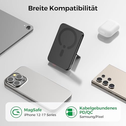 Powerbank für MagSafe, 12000mAh Externe Handyakkus mit Ständer, Schwarz – Ansicht 6