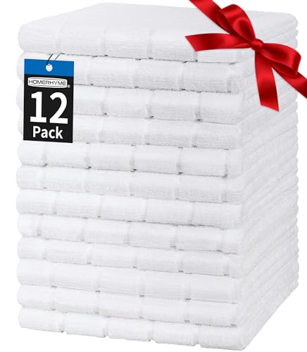 HOMERHYME Hand Towels 12 Pack 25*15 White Microfiber Kitchen Bathroom Hand Towels All-Purpose Quick Dry Lint Free Soft Absorbent Bulk Checkered Washcloth Bath Towels for Travel Gym Hotel