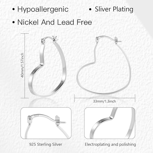 925 Sterling Silver Heart Earrings for Women Girls Hypoallergenic Large Silver Heart Hoop Earrings Lightweight Heart Earrings for Jewelry Gifts（40mm Size）3
