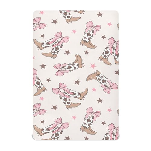 Image of Bows Cowgirl Boots Western Crib Sheets Soft Breathable Fitted Baby Crib Sheets Mattress Cover for Girl Boys, 52 inch x 28 inch x 9 inch