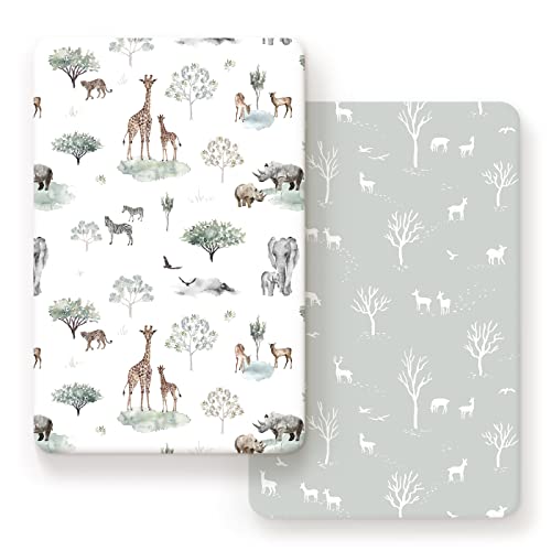 Image of GRSSDER Ultra Soft Pack and Play Sheets, Stretchy Jersey Knit Pack n Play Sheets Fitted 2 Pack, Universal Fitted Portable/Mini Crib Mattresses Safe and Snug, Pretty African Savannah Animals