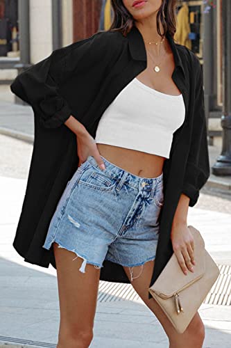 Image of FSHAOES Womens Oversized Button Down Shirts Casual Loose Long Sleeve Solid Lapel Long Blouses Tops with Pockets