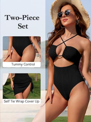 SHEKINI Women's One Piece Swimsuit Sexy Criss Cross Halter Cutout Bathing Suit with Cover Up Tummy Control Swimwear4