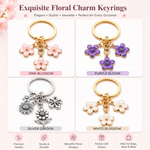 Image of JB'S LAND Floral Charm Keychain Vintage Flower Metal Key Ring for Women | Bag Charm Pendant, Backpack & Car Key Holder, Aesthetic Design, Friendship Gift, For Women & Girls