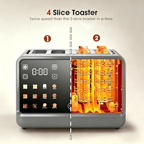 Image of 4 Slice Toaster Wide Slot with Dual Digital Touchscreen, 1800W Smart Toaster Stainless Steel Independent Control Panel, Single Slot Mode Timer for Bagels Bread, 6 Toast Shades