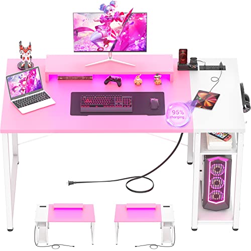 armocity Computer Desk with LED Lights, Gaming Desk with Power Outlet and USB, 40 Reversible Laptop Table with Moveable Monitor Stand, Small Desk for Small Spaces, Office, Gaming Room, Pink and White armocity Computer Desk with LED Lights, Gaming Desk with Power Outlet and USB, 40 Reversible Laptop Table with Moveable Monitor Stand, Small Desk for Small Spaces, Office, Gaming Room, Pink and White